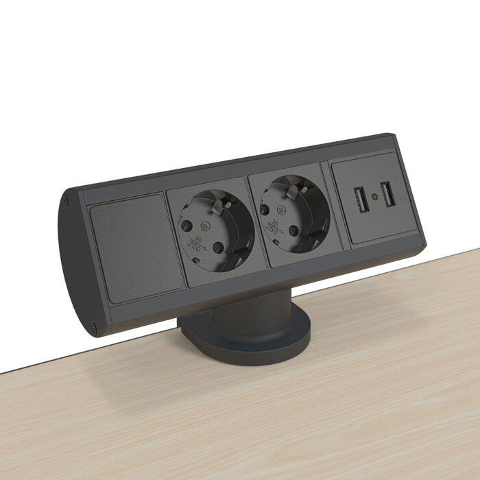 De Duck2 elektrificatie is een opbouwcontactdoos die tegen de bladrand van je bureau worden gemonteerd